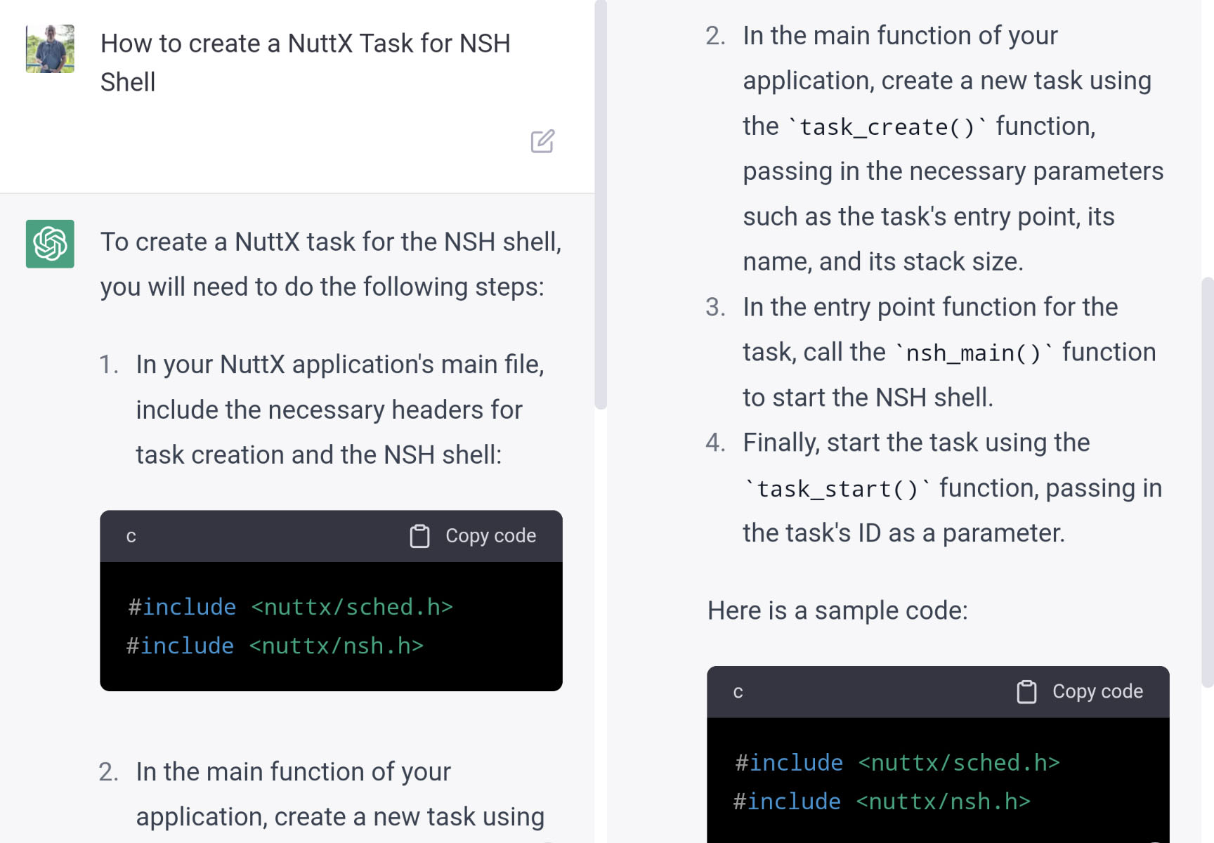 ChatGPT tries to explain how to create a NuttX Task for NSH Shell