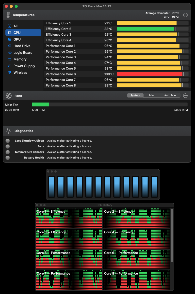 This will max out all 12 CPU Cores of Mac Mini M2 Pro. Running at a boiling hot 100 deg C!