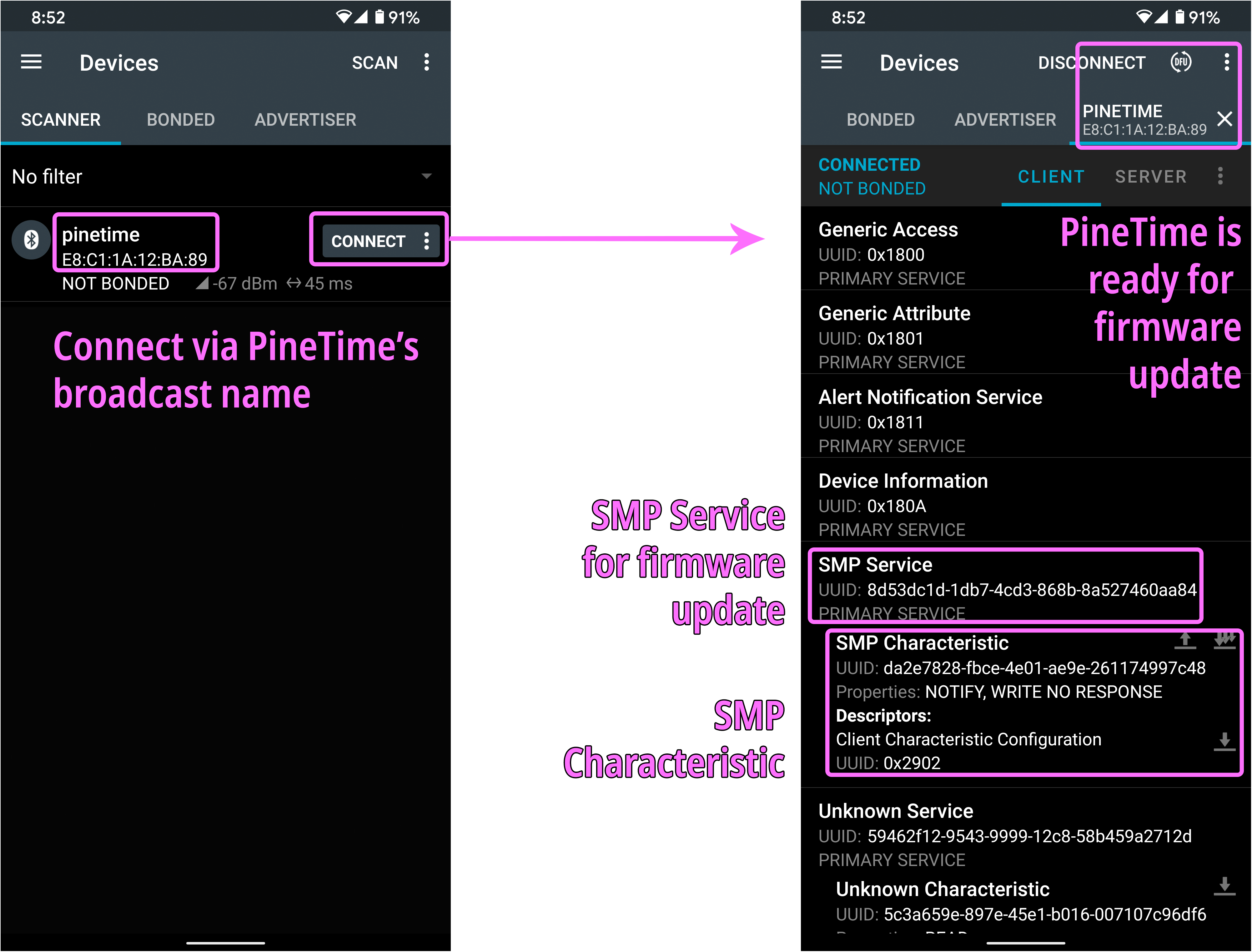 nRF Connect mobile app connected to PineTime's SMP Service