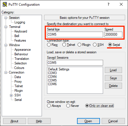 Connect putty to COM Port at speed 2000000