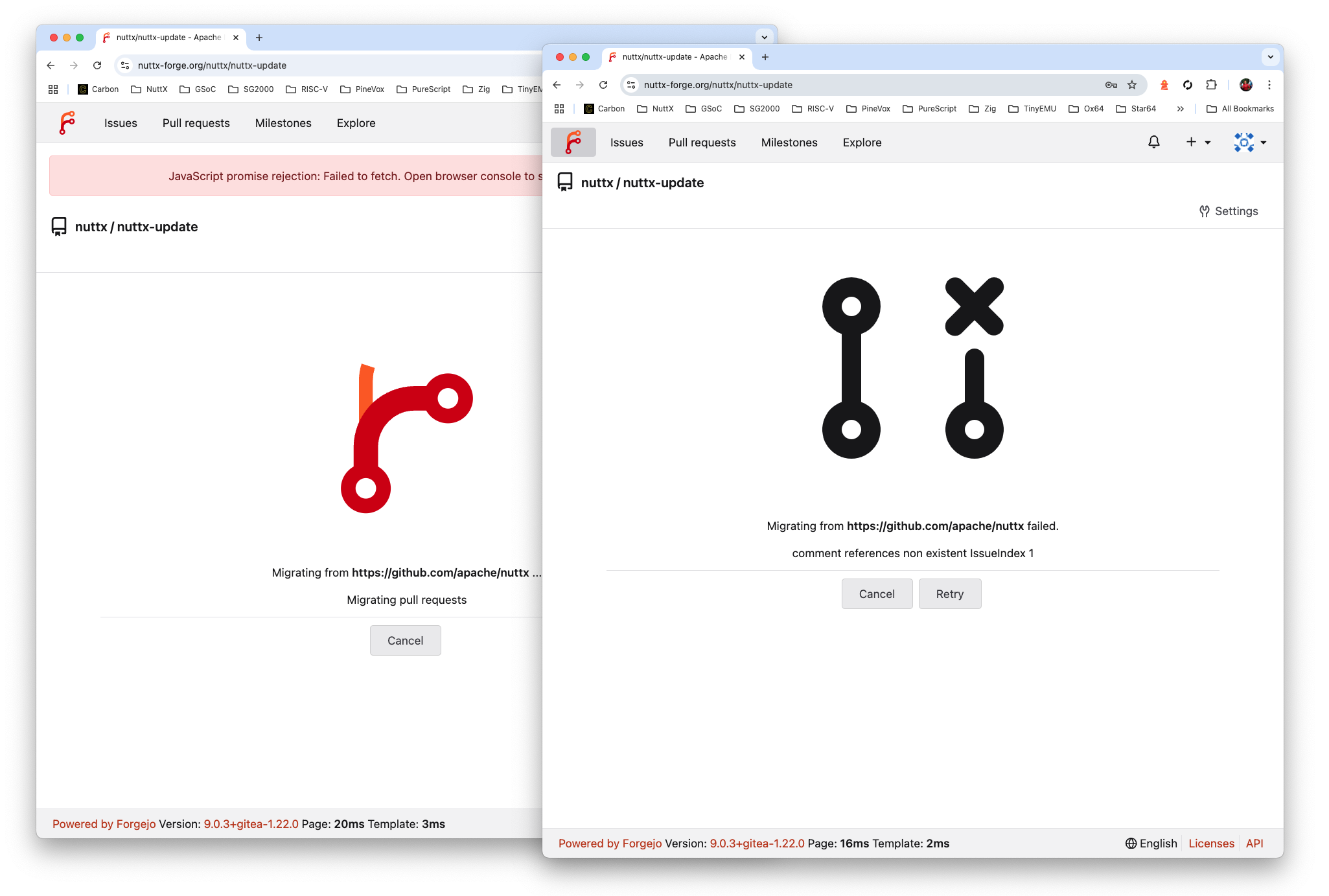 Don’t select Issues and Pull Requests! Forgejo will hang forever, hitting errors