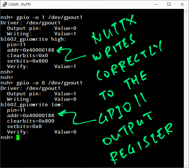 bl602_gpiowrite writes correctly to the GPIO Output Register