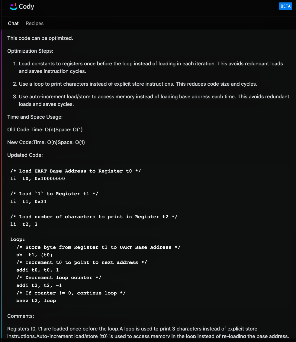 Cody AI Assistant optimises our RISC-V Assembly Code