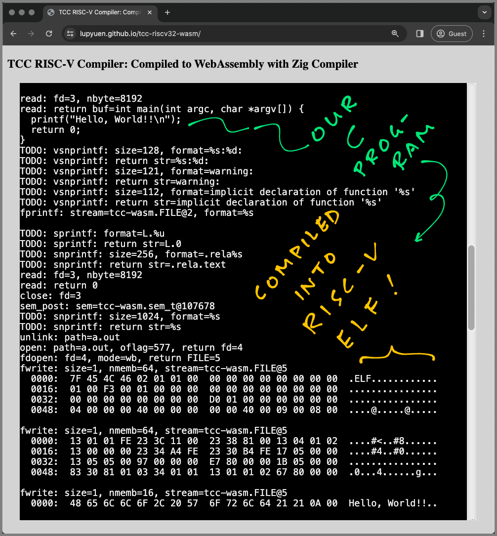 TCC RISC-V Compiler runs in the Web Browser (thanks to Zig Compiler)