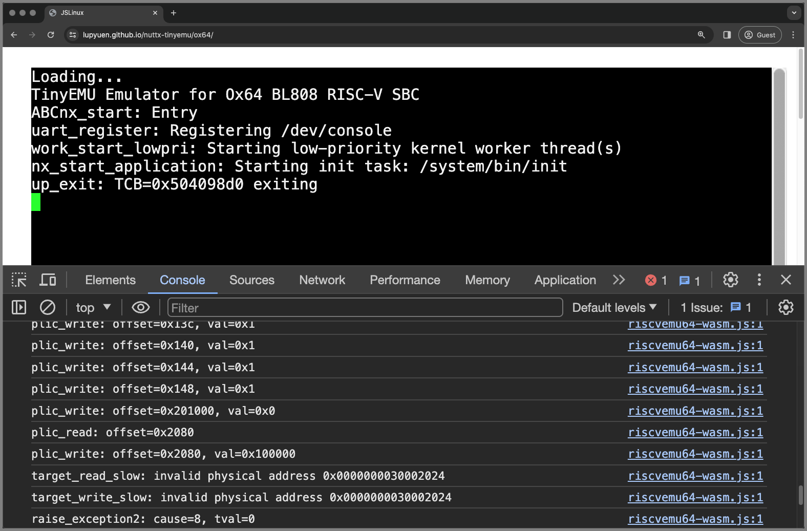 JavaScript Console of Ox64 BL808 Emulator