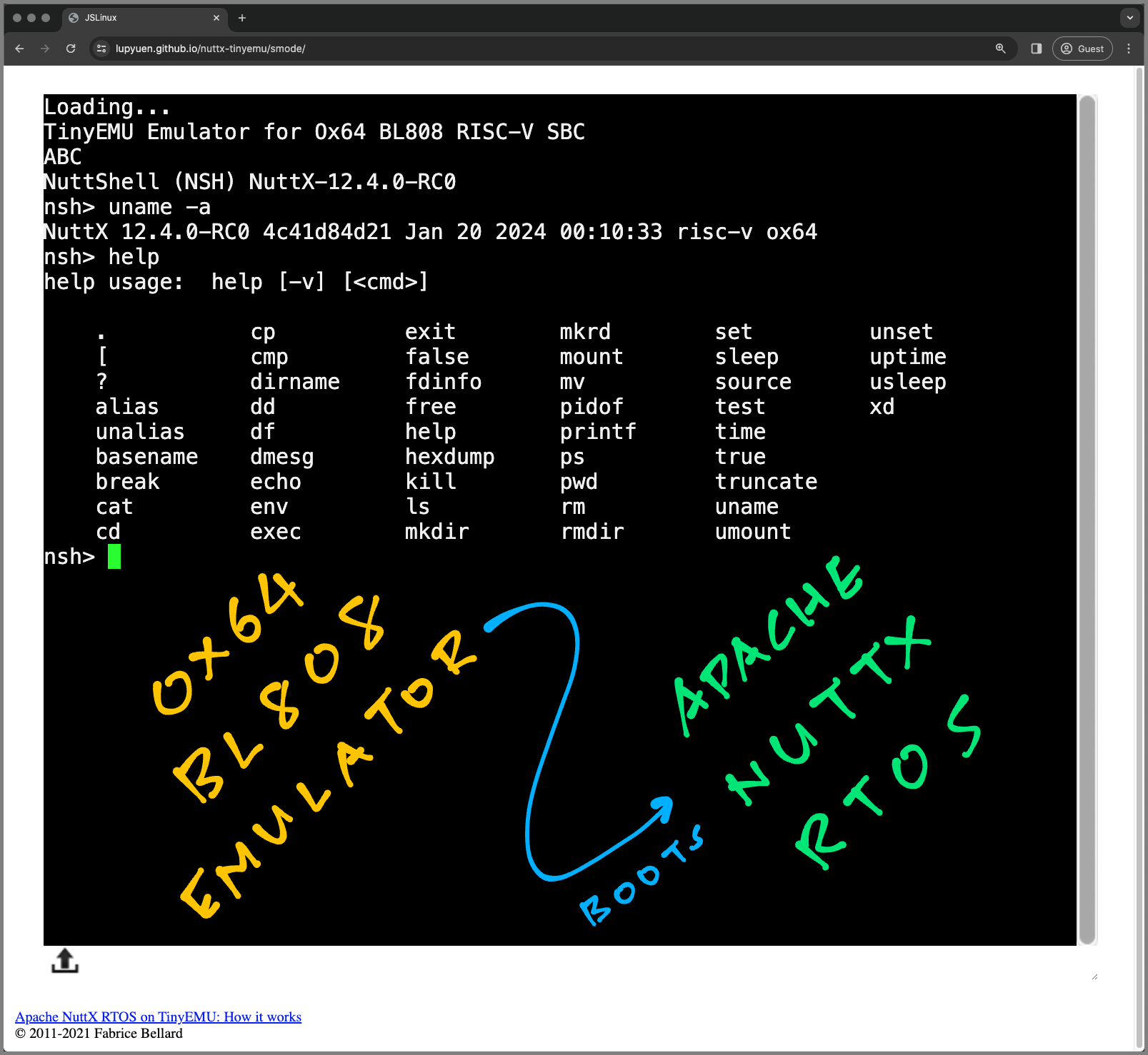Ox64 BL808 Emulator with TinyEMU RISC-V Emulator and Apache NuttX RTOS